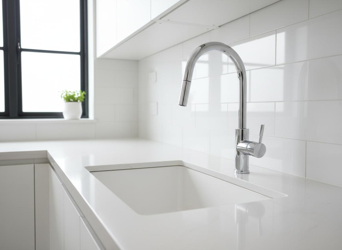 After: Brand new modern chrome gooseneck kitchen faucet installed