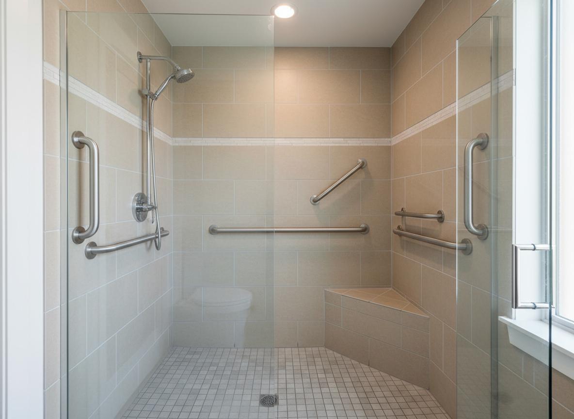 After: Accessible shower with multiple chrome grab bars and non-slip floor