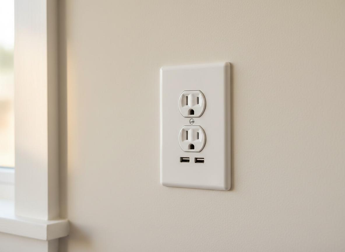 After: Newly installed modern white electrical outlet with clean wall plate