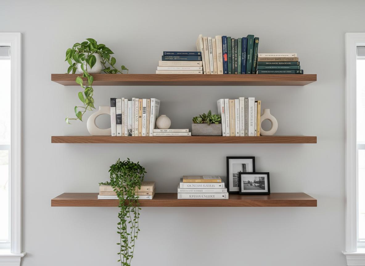 After: Three modern floating wooden shelves with books and plants