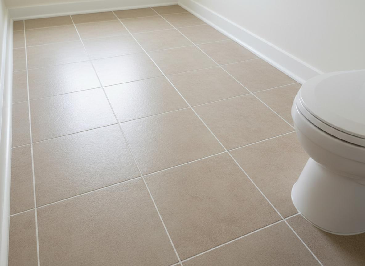 After: Bathroom floor with re-grouted tiles and clean white grout lines
