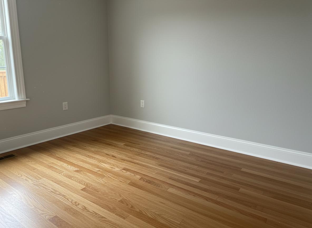 After: Professionally installed white baseboard trim with clean caulking