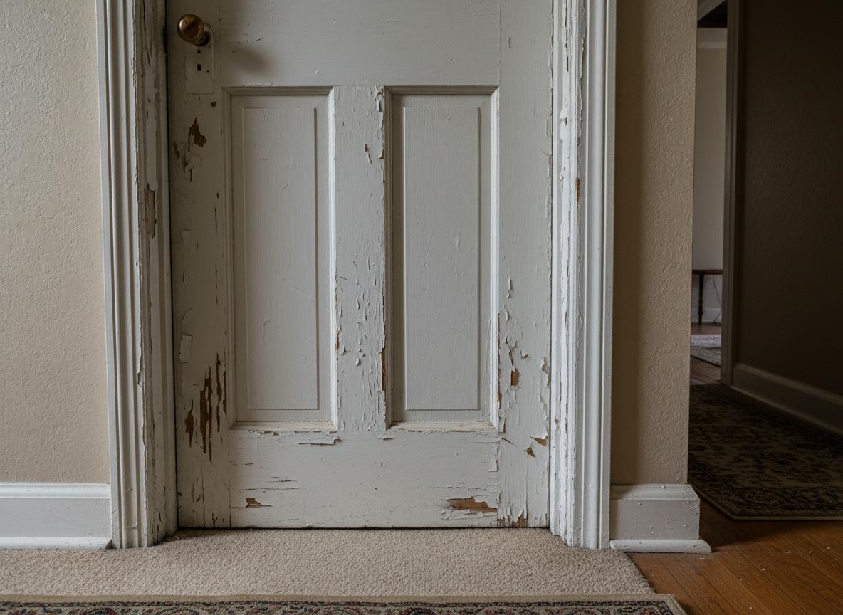 Before: Damaged interior door with chipped paint and scratches