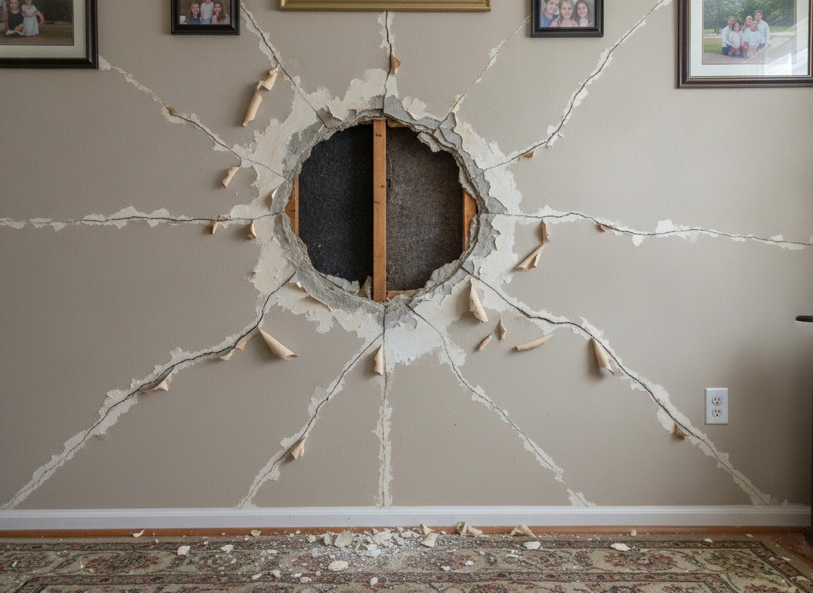 Before: Wall with large hole, cracks, and damaged drywall
