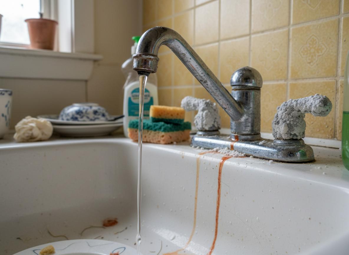 Before: Old leaky kitchen faucet with rust stains and water deposits