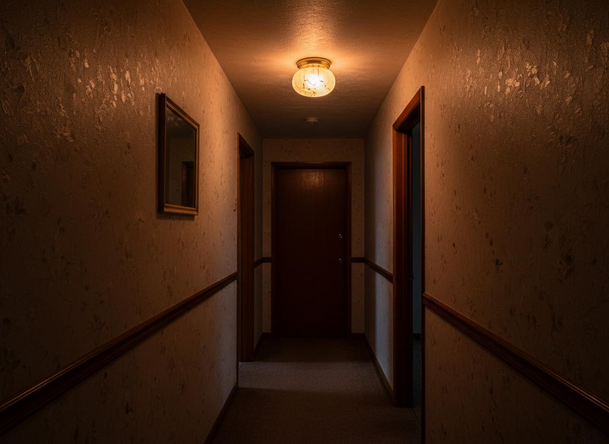 Before: Dark hallway with outdated dim ceiling light fixture