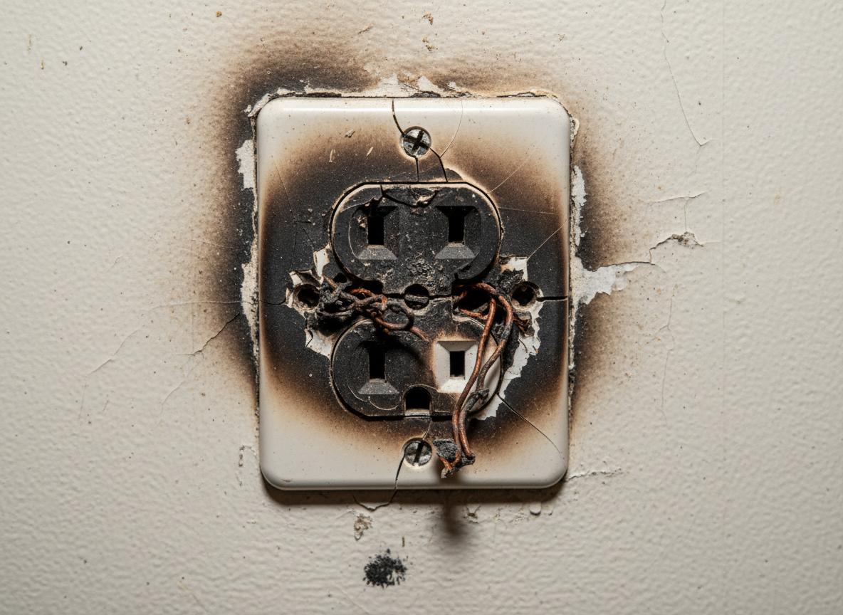 Before: Damaged electrical outlet with burn marks and exposed wiring