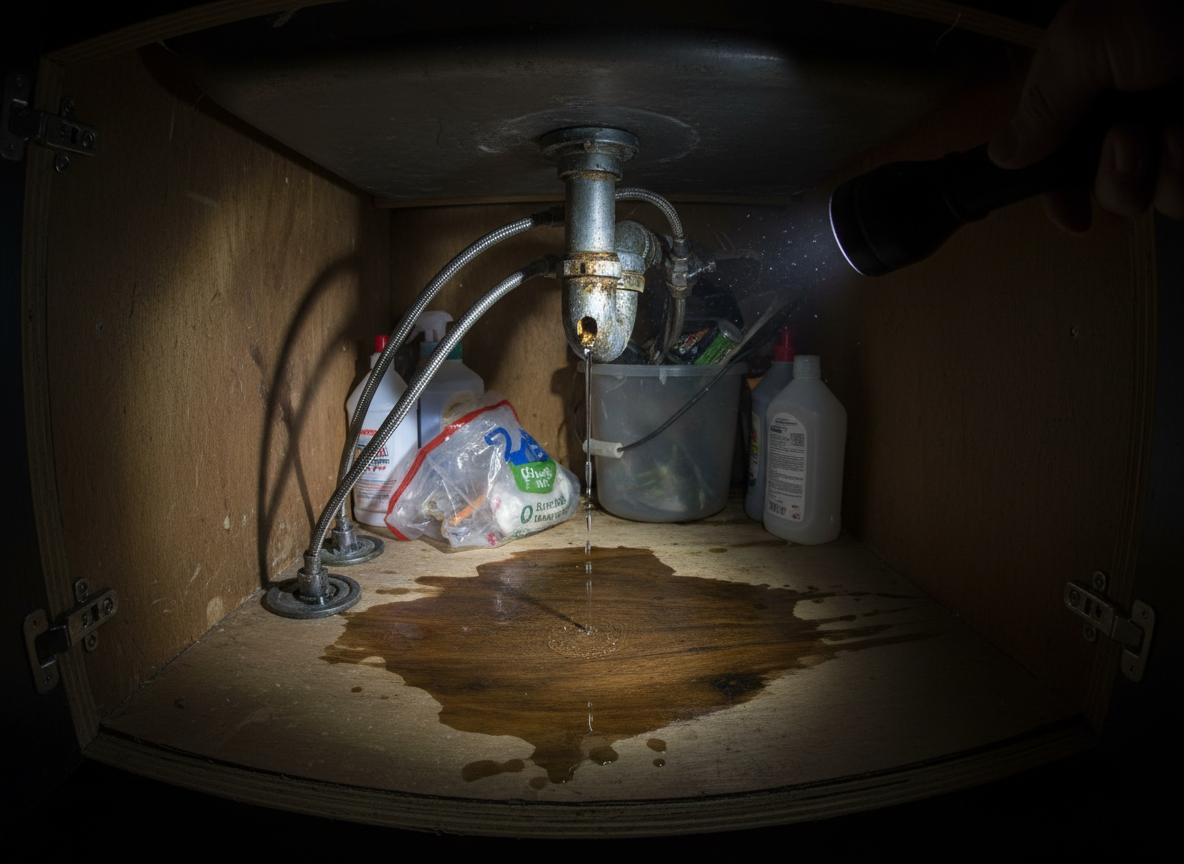 Before: Leaking rusty pipe under kitchen sink with water damage