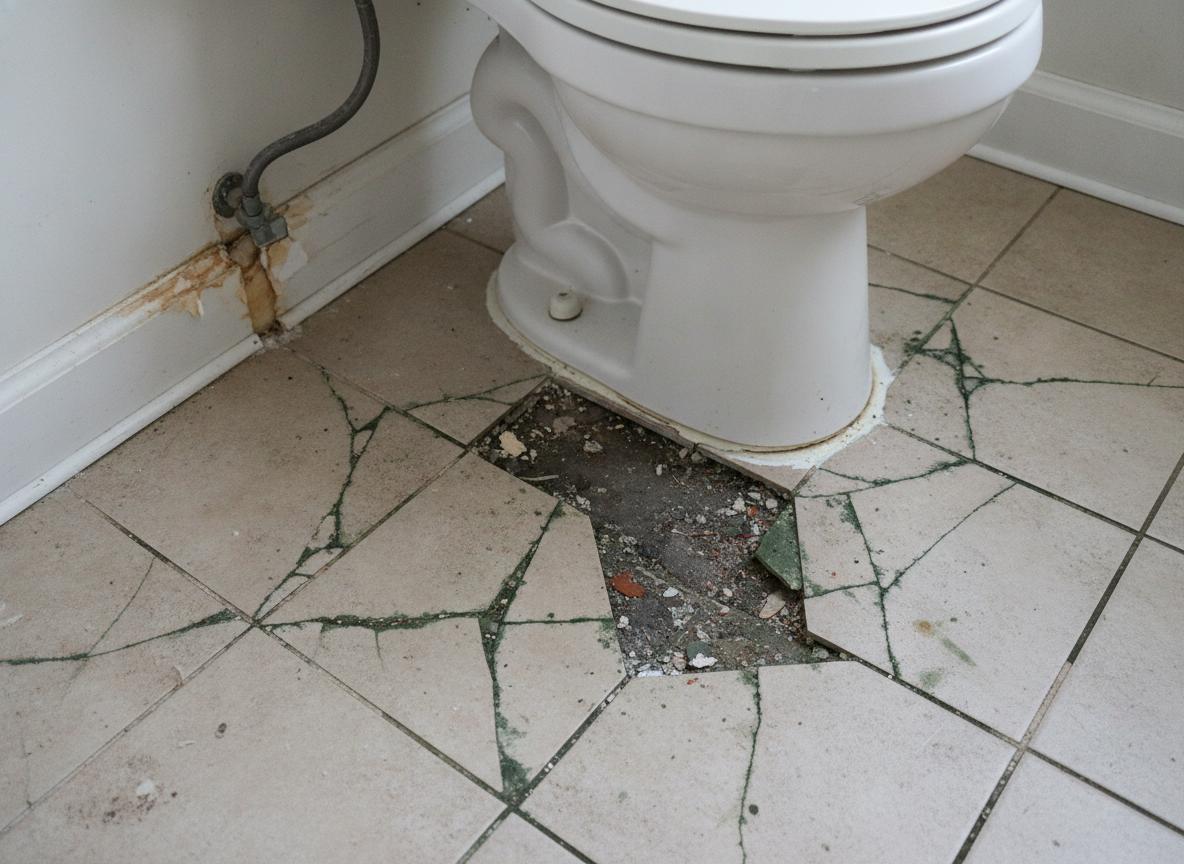 Before: Bathroom floor with cracked tiles, moldy grout, and loose tiles