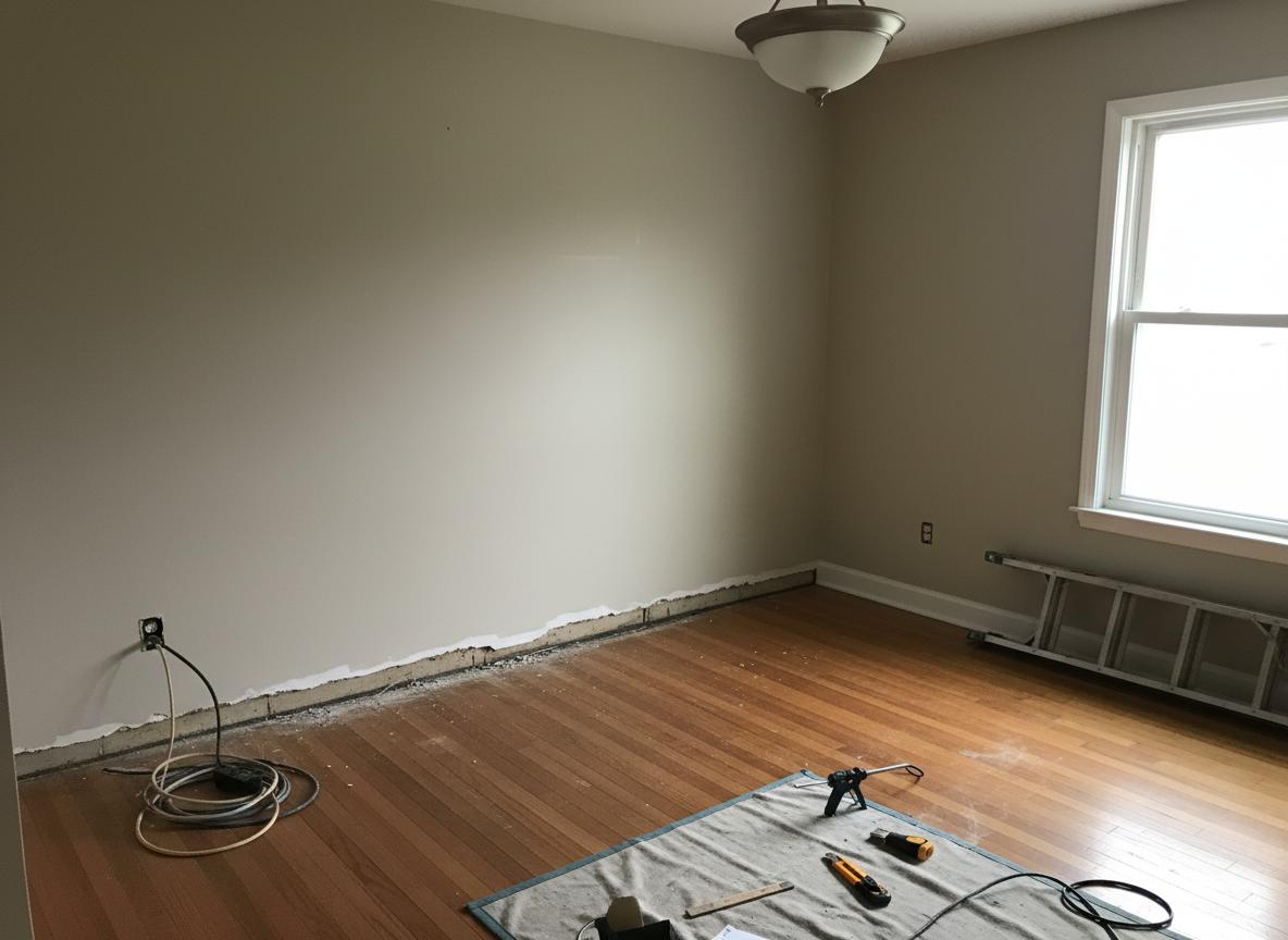 Before: Room with no baseboard trim and exposed wall-floor gap