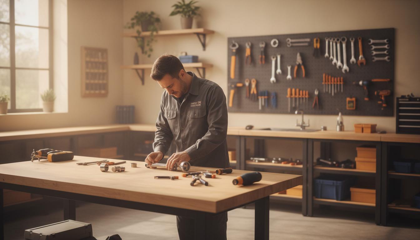 Professional technician working in a clean, organized workshop with quality tools