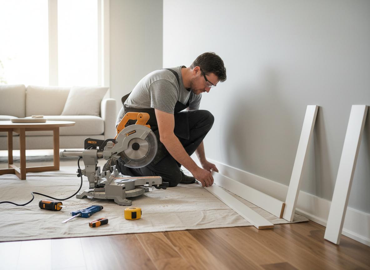 Carpenter installing baseboard trim