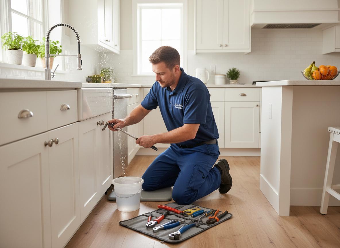 Plumber repairing a kitchen faucet