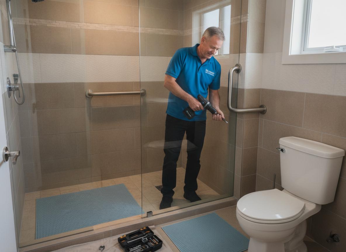 Technician installing grab bars in bathroom